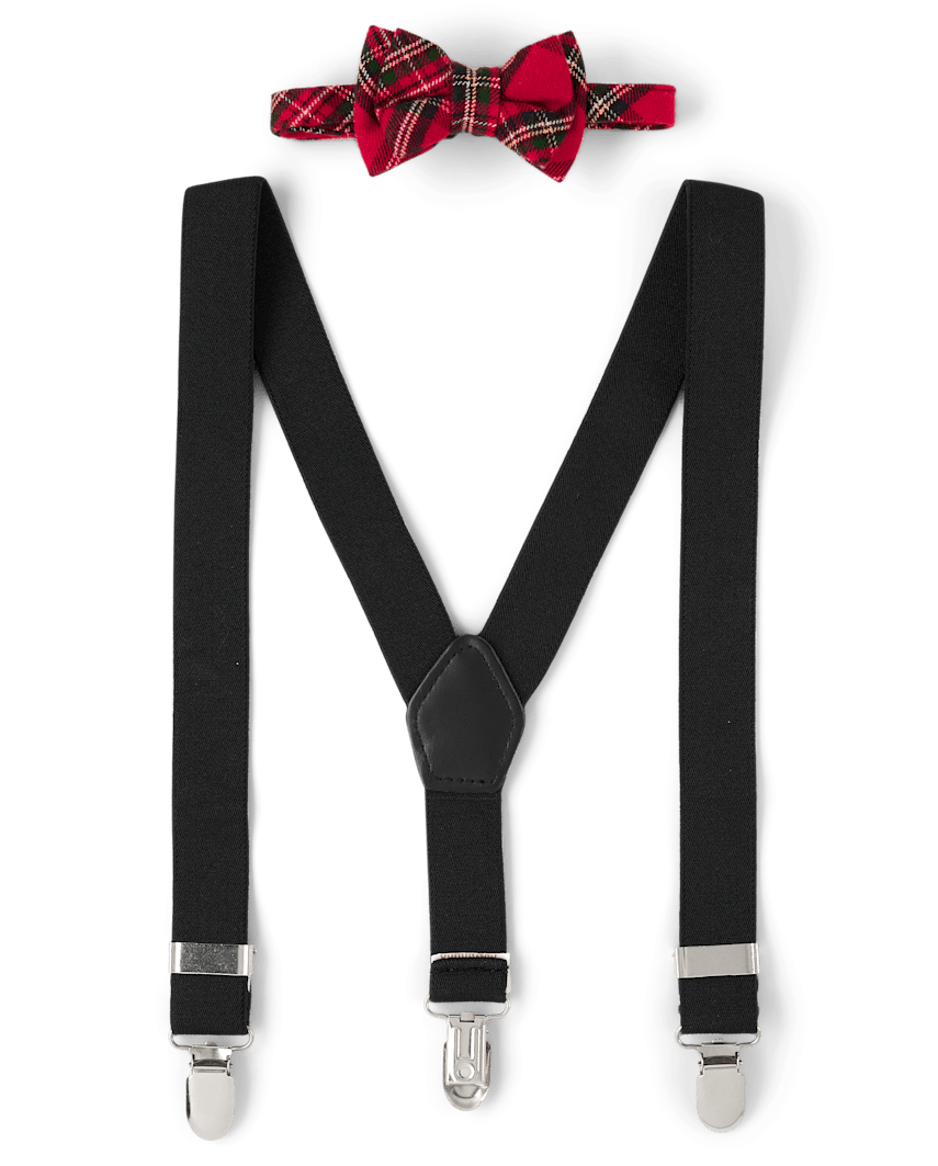 Gymboree | Boys | Plaid Bow Tie And Suspenders 2-Piece Set - Royal Christmas in Red | Size 12-24 M | Polyester/Spandex/Rayon