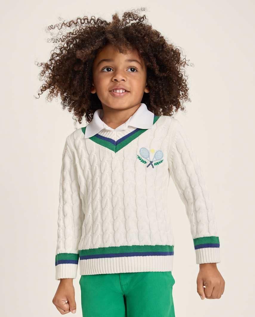 Gymboree | Kids Embroidered Tennis Racquet Cable Knit V-Neck Sweater - Club House in White | Size 12-18 M | 100% Combed Cotton