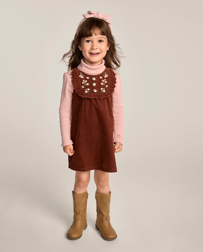 Gymboree | Girls | Embroidered Floral Scalloped Corduroy Jumper - Blue Sky Mountain in Brown | Size 5T | 100% Cotton Corduroy