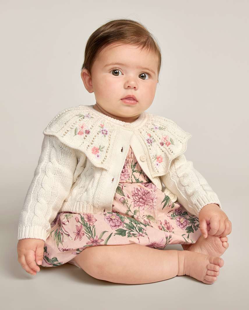 Gymboree | Girls | Baby Embroidered Floral Cable Knit Ruffle Cardigan - Countryside Manor in Cream | Size NB | Cotton