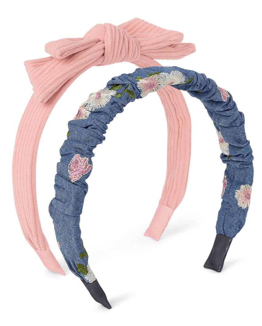 Gymboree | Girls | Embroidered Floral Bow Headband 2-Pack - Blue Sky Mountain | 100% Cotton