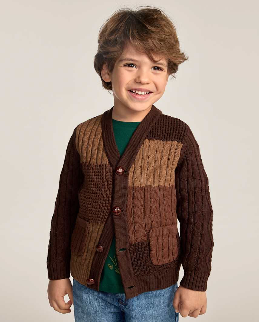Gymboree | Boys | Patchwork Cable Knit Cardigan - Countryside Manor in Brown | Size 5T | 100% Combed Cotton