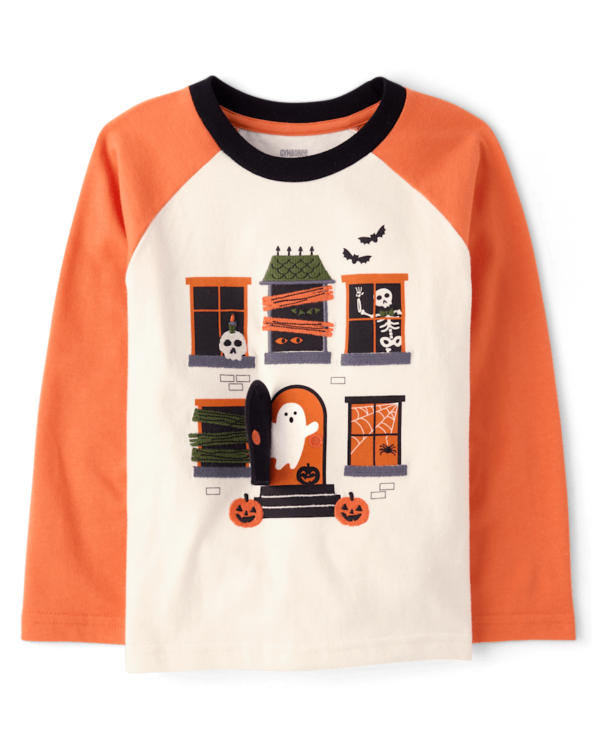 Gymboree | Boys | Interactive Haunted House Raglan Top - Trick or Treat in Cream | Size 5T | 100% Cotton Jersey