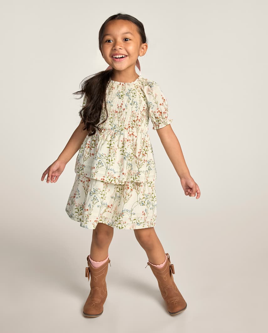 Gymboree | Girls | Floral Smocked Pintuck Dress - Blue Sky Mountain in Cream | Size 12 | 100% Cotton