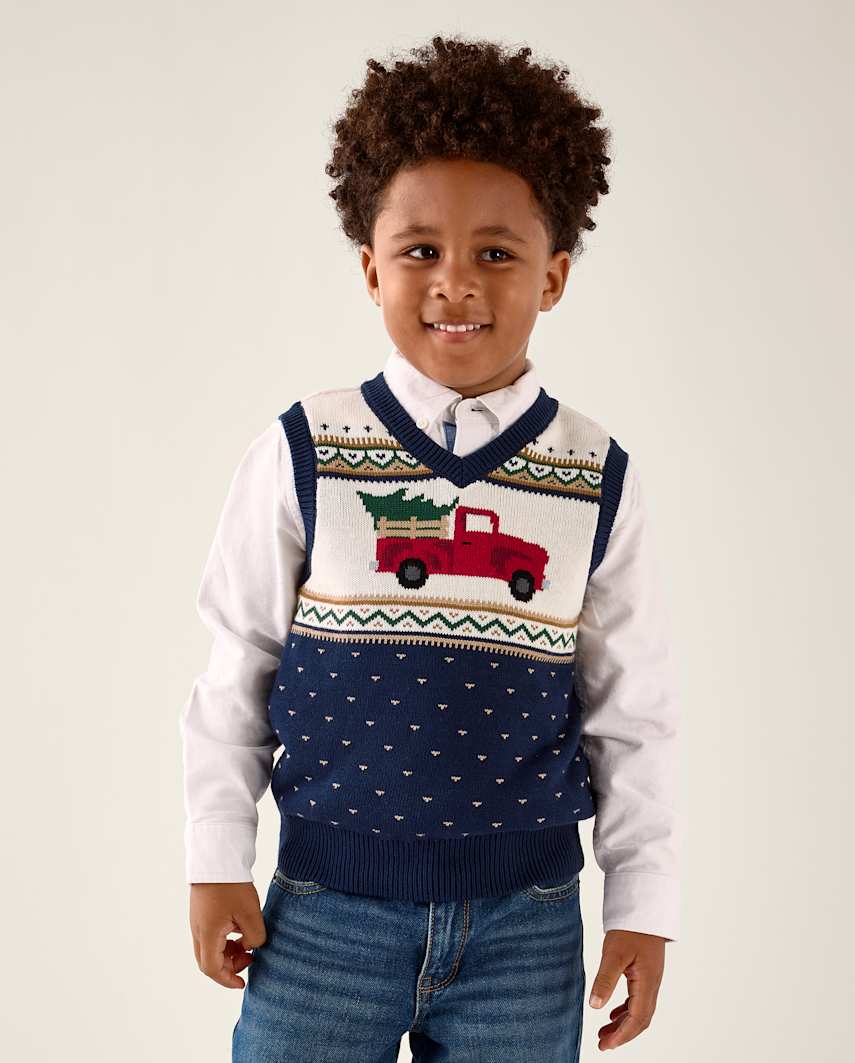 Gymboree | Boys | Truck Fairisle Sweater Vest - Tartan Remix in Blue | Size 12-18 M | 100% Combed Cotton