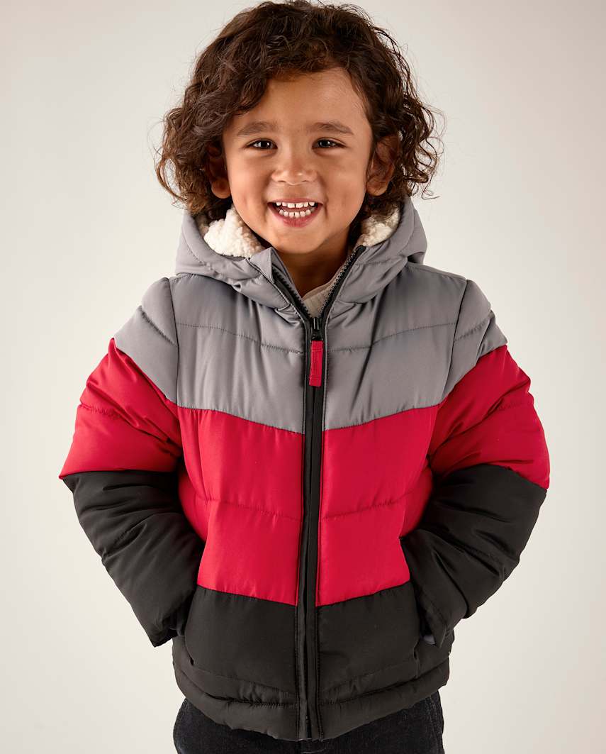 Gymboree | Boys | Colorblock Sherpa Lined Puffer Jacket - Aspen Lodge in Red | Size 12-18 M | 100% Polyester