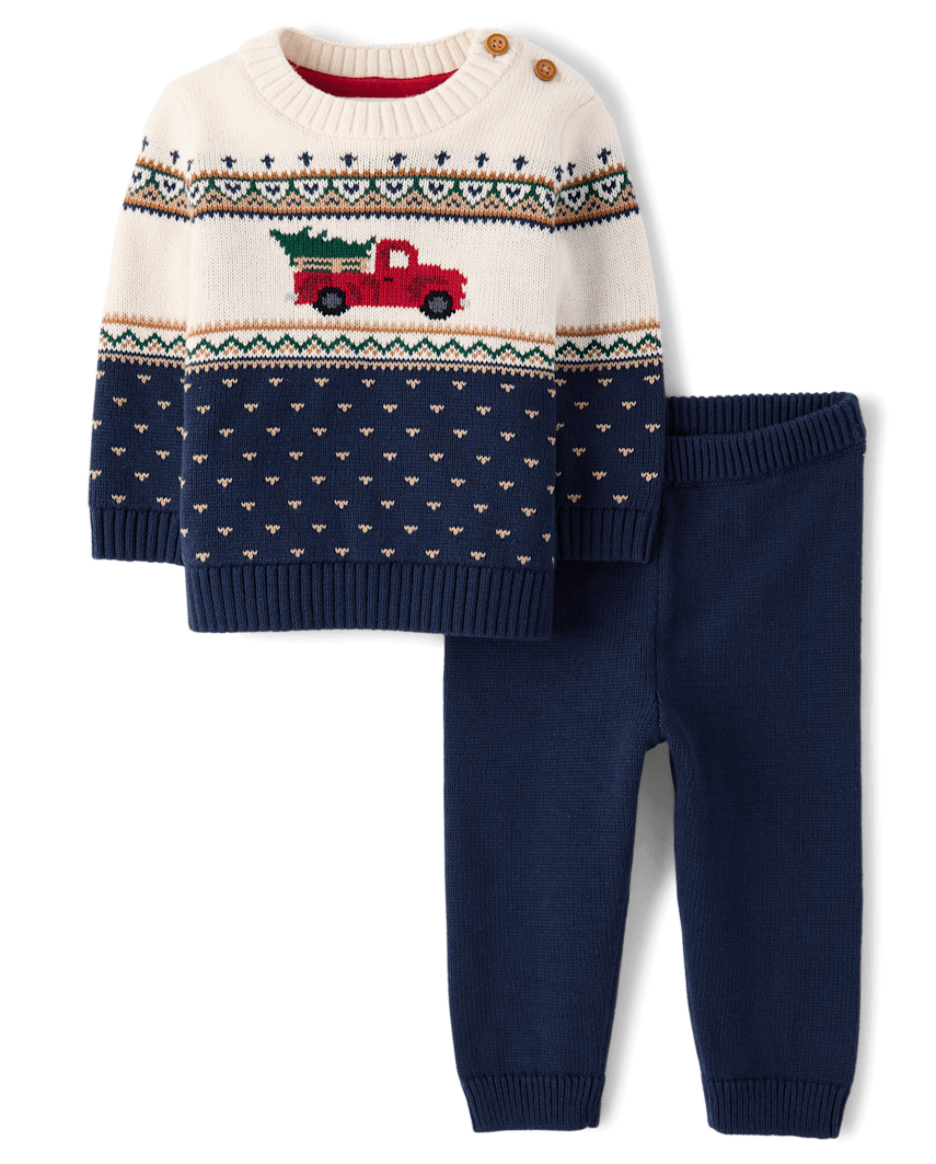 Gymboree | Boys | Baby Truck Fairisle 2-Piece Sweater Set - Tartan Remix in Blue | Size NB | 100% Combed Cotton
