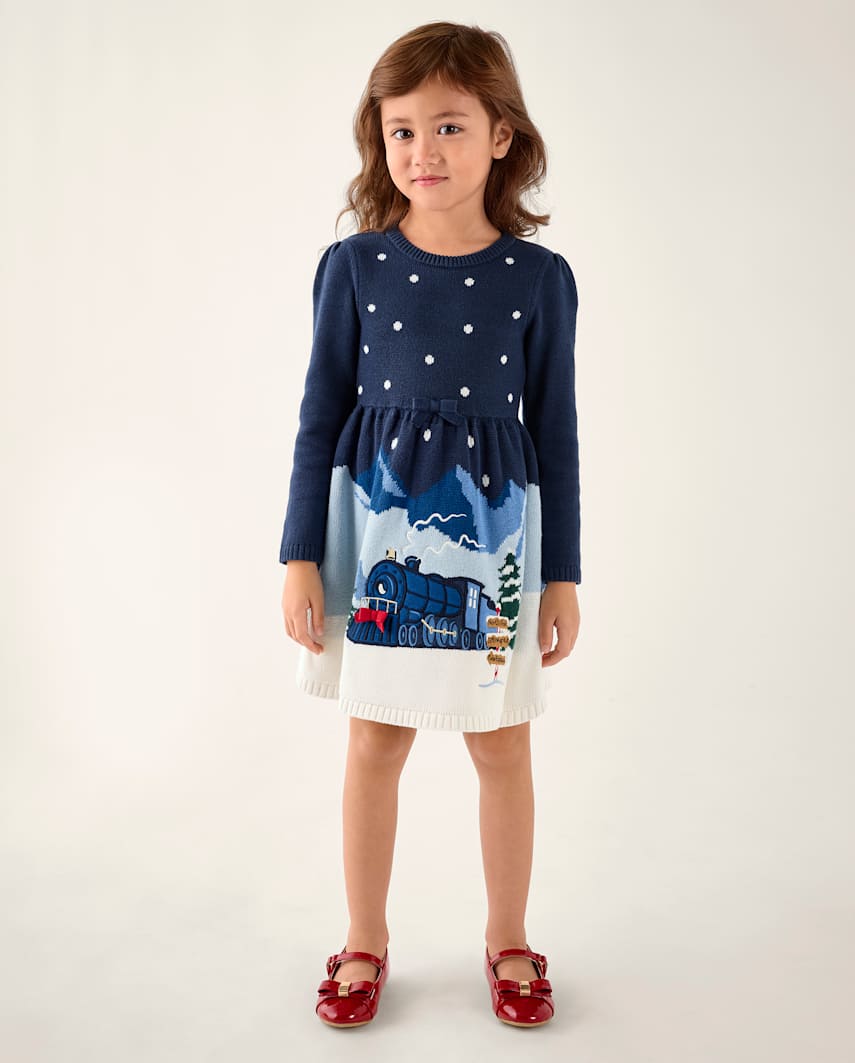 Girls | Embroidered Train Sweater Dress - The Polar Express™ x Gymboree in Blue | Size 12-18 M | 100% Combed Cotton