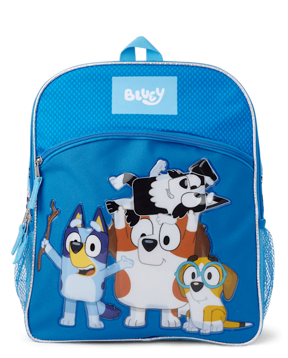 A blue backpack featuring four characters from the show Bluey