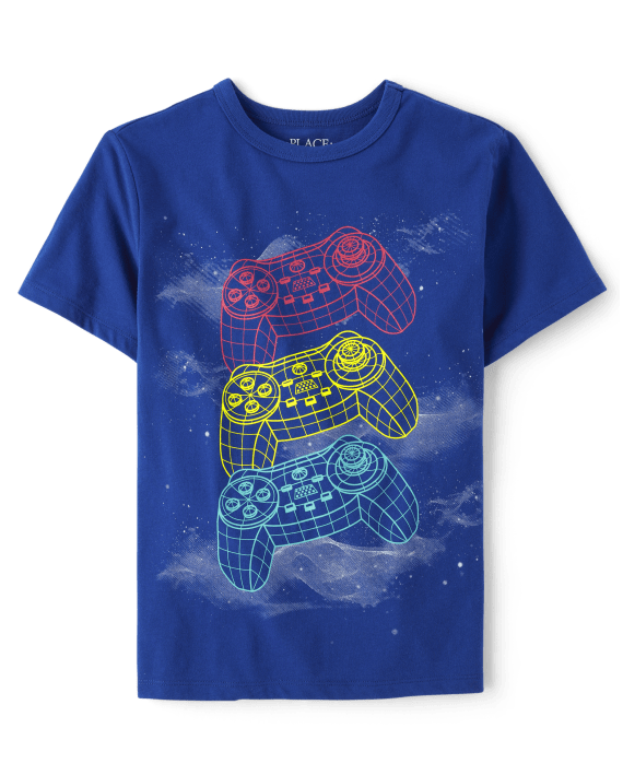 A blue T-Shirt with three different colored video game controllers on it