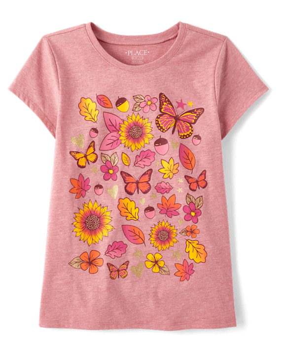 A pink T-Shirt with butterflies and flowers on it