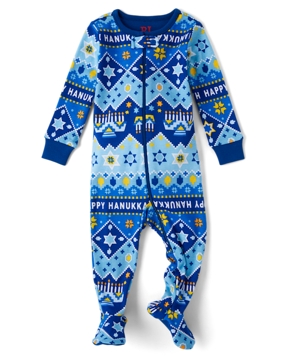 A blue, yellow, and white Hanukkah baby onesie