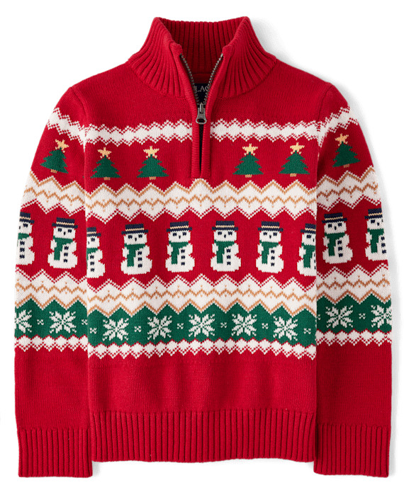 A red, green, and white half zip Christmas sweater