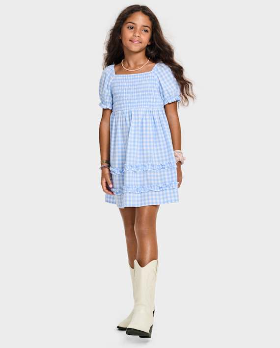 Girls Mommy And Me Gingham Poplin Smocked Ruffle Dress - blue