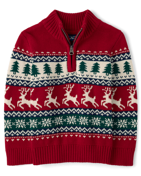 A red, green, and white half zip Christmas sweater