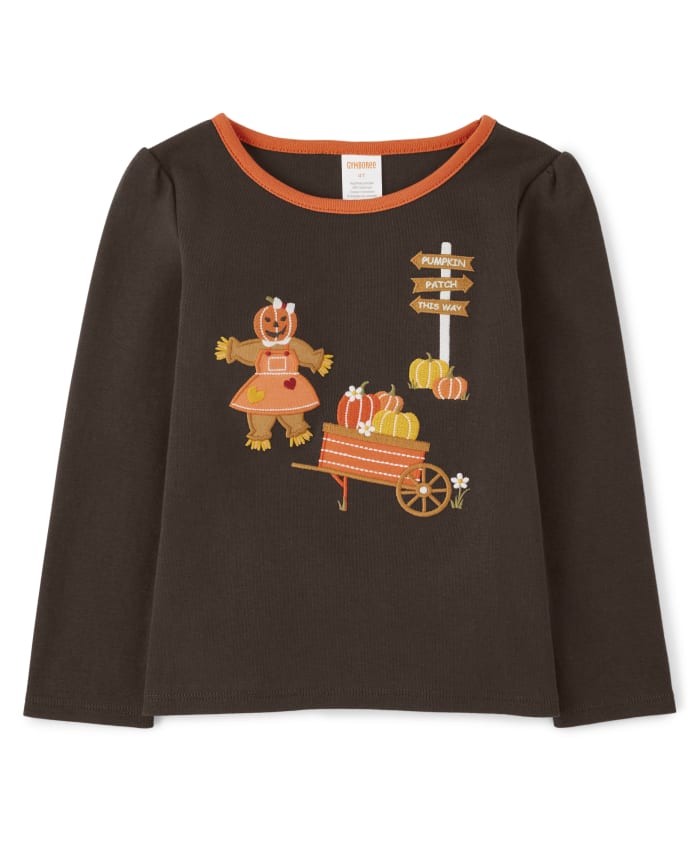 Girls Embroidered Fall Scene Top - Perfect Pumpkin