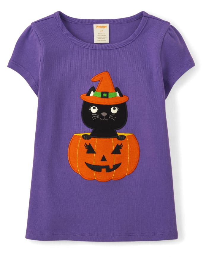 Girls Embroidered Cat Top - Trick or Treat