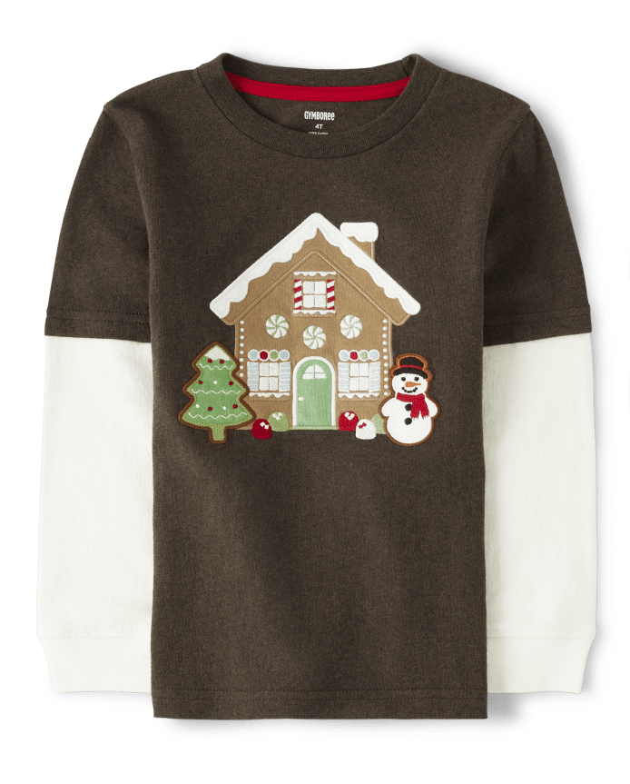 Boys Embroidered Gingerbread House Layered Top