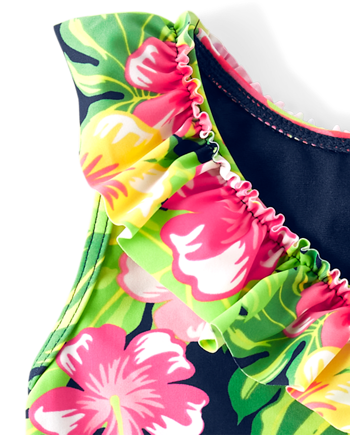 Girls Matching Family Tropical Ruffle One Piece Swimsuit - Aloha
