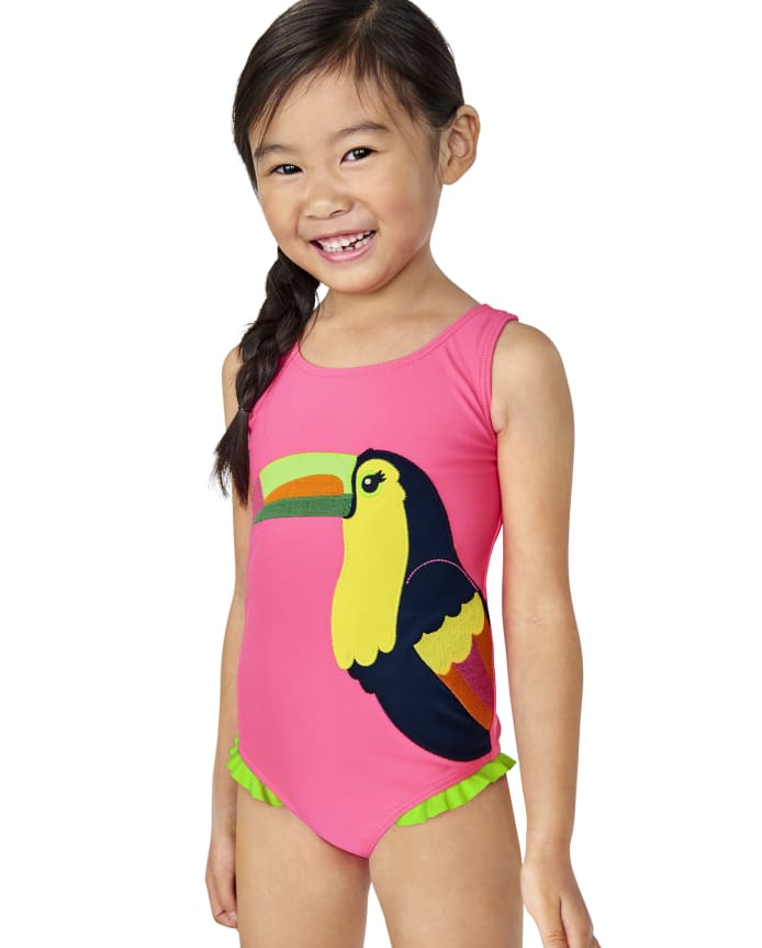 Girls Embroidered Toucan One Piece Swimsuit - Aloha