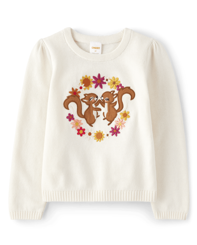 Girls Embroidered Squirrel Sweater - Happy Harvest