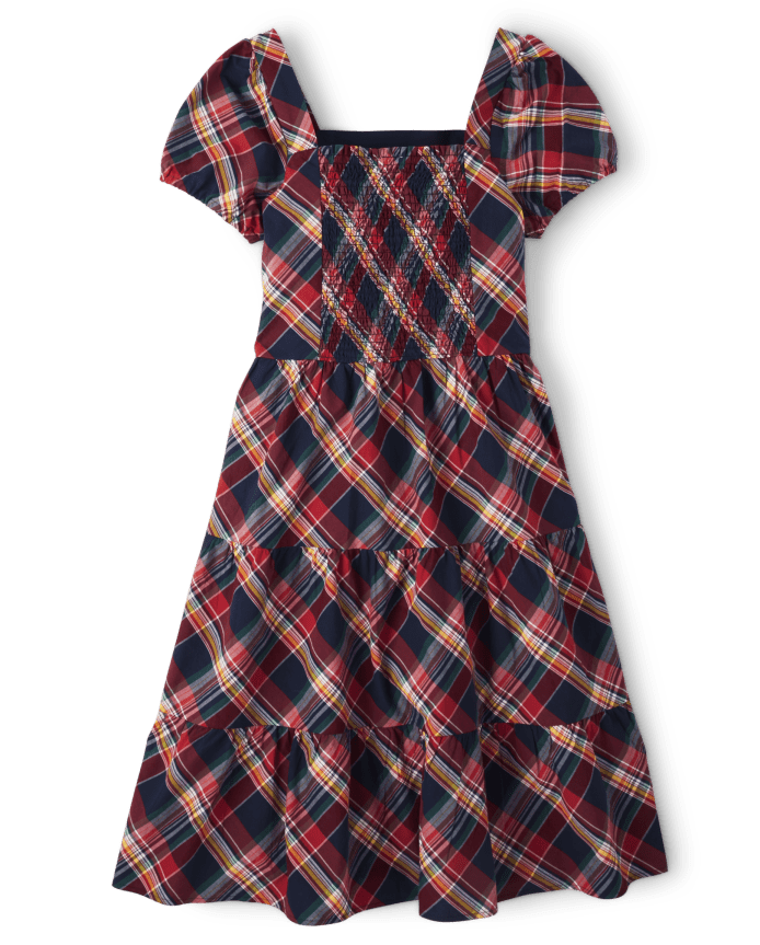 Womens Matching Family Plaid Poplin Tiered Dress - Apple Orchard
