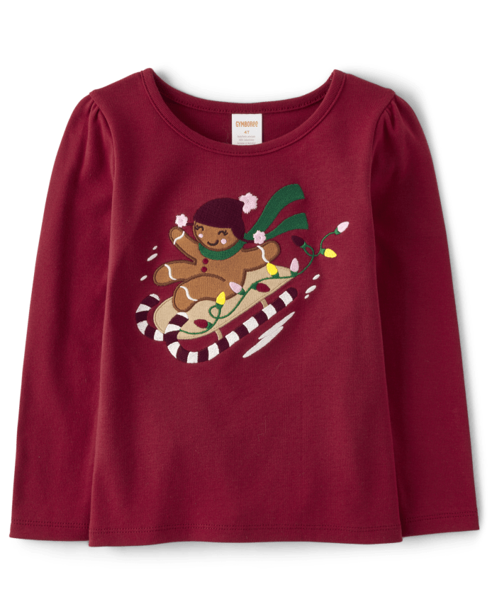Girls Embroidered Gingerbread Sled Top - Christmas Cabin