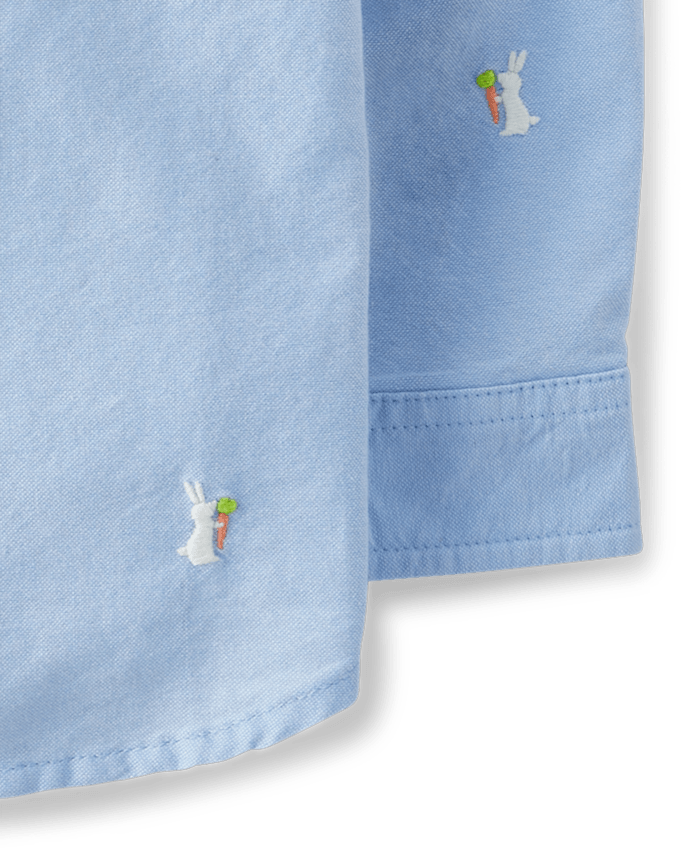 Boys Embroidered Bunny Oxford Button Up Shirt - Enchanted Garden