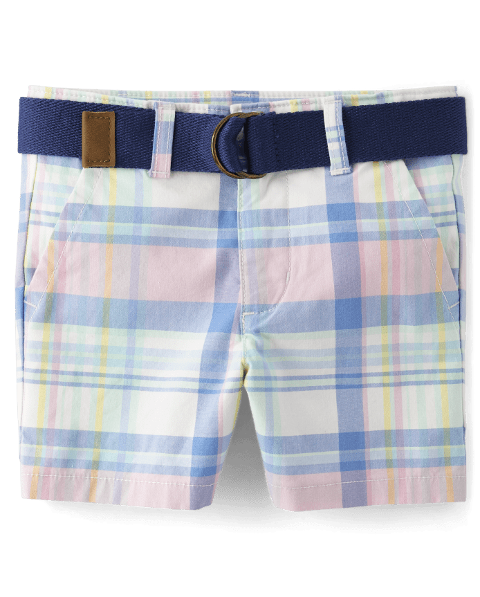 Boys Plaid Belted Chino Shorts - Spring Celebrations
