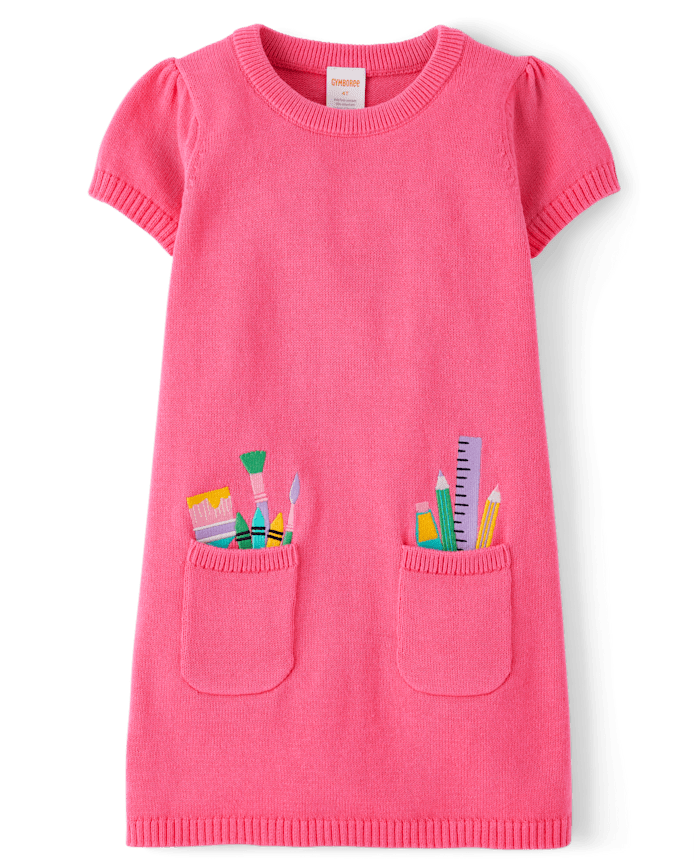 Girls Embroidered School Supplies Sweater Dress - Classroom Cutie