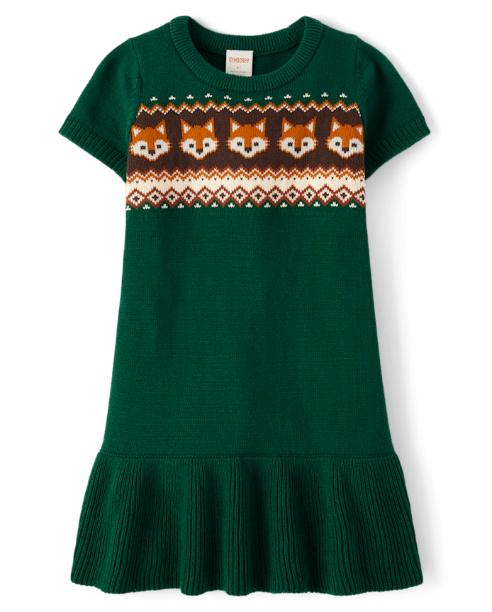 Girls Intarsia Fox Fairisle Sweater Dress - Autumn Adventures