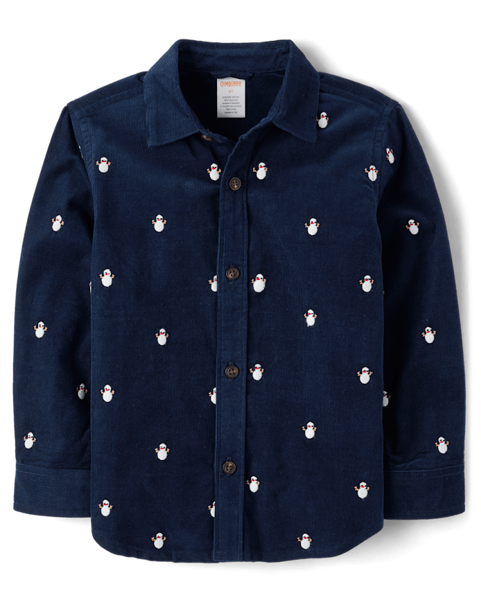 Boys Schiffli Snow Man Corduroy Button Up Shirt - Royal Christmas