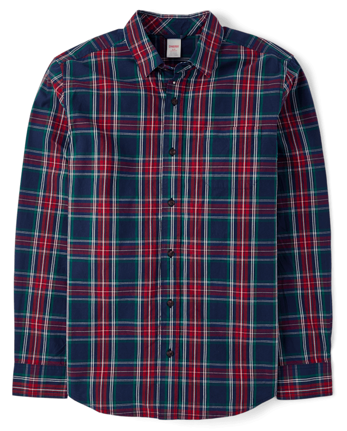 Mens Matching Family Plaid Poplin Button Up Shirt - Royal Christmas