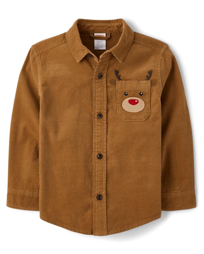 Boys Reindeer Corduroy Button Up Shirt - Holiday Express