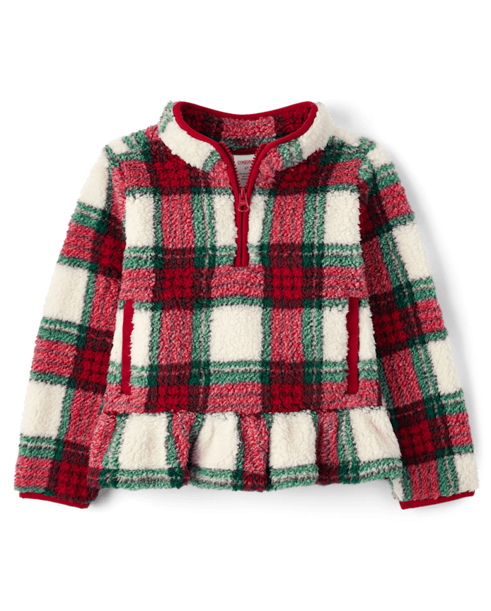 Girls Plaid Sherpa Half Zip Pullover - Little Essentials