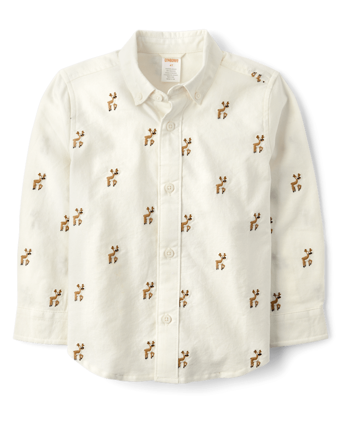 Boys Schiffli Reindeer Oxford Button Up Shirt - Holiday Express