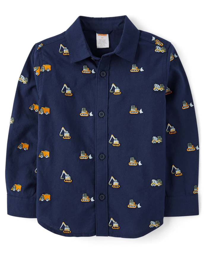Boys Schiffli Truck Oxford Button Up Shirt - Dino Friends