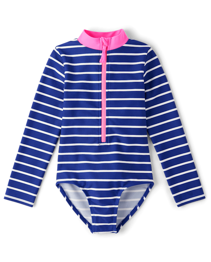 Girls Striped Rashguard One Piece Swimsuit - Swim