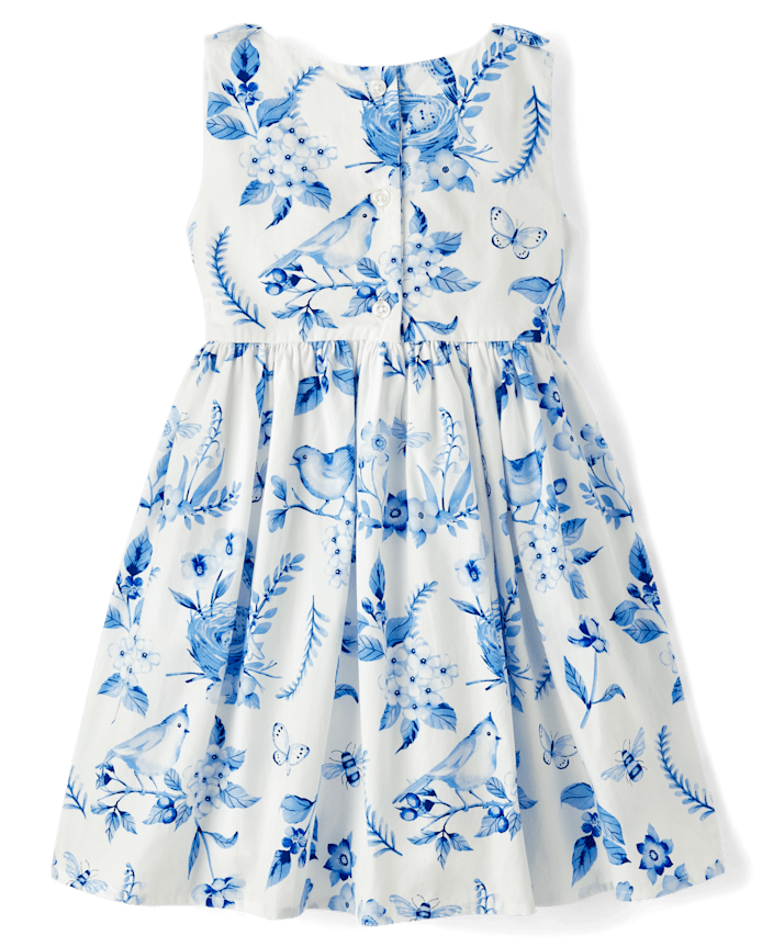 Girls Mommy And Me Floral Bird Bow Fit Flare Dress - Blue Belle