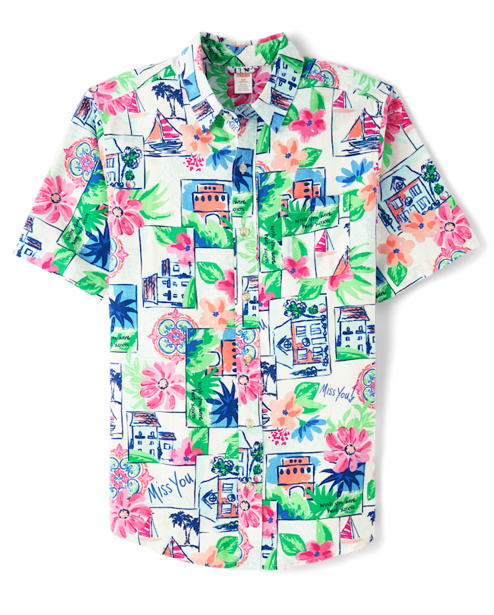 Mens Dad And Me Vacation Linen-Blend Button Up Shirt - Italian Riviera