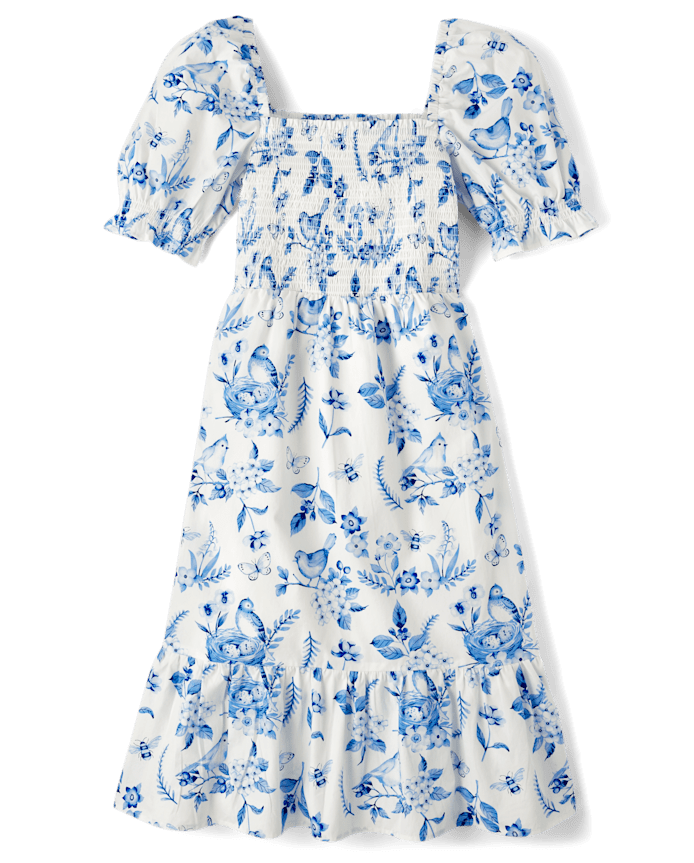 Womens Mommy And Me Floral Bird Tiered Dress - Blue Belle