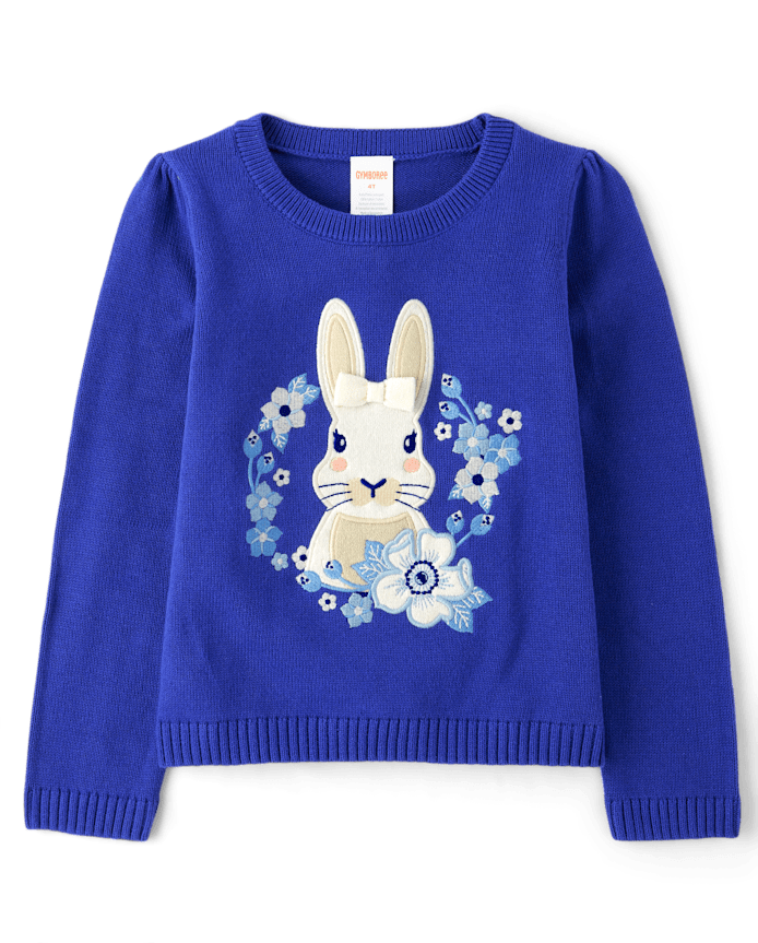 Girls Embroidered Floral Bunny Sweater - Blue Belle