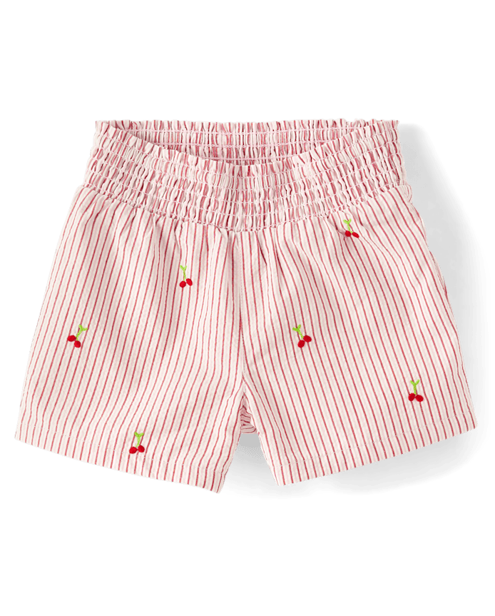 Girls Embroidered Cherry Seersucker Pull On Shorts - Sweet Summer