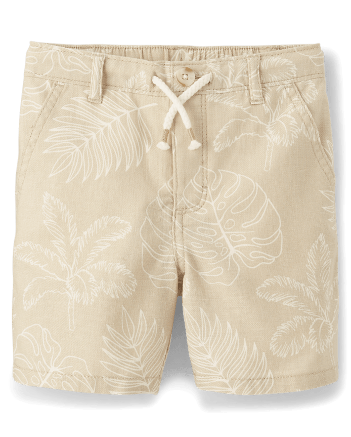 Kids Tropical Leaf Linen-Blend Pull-On Shorts
