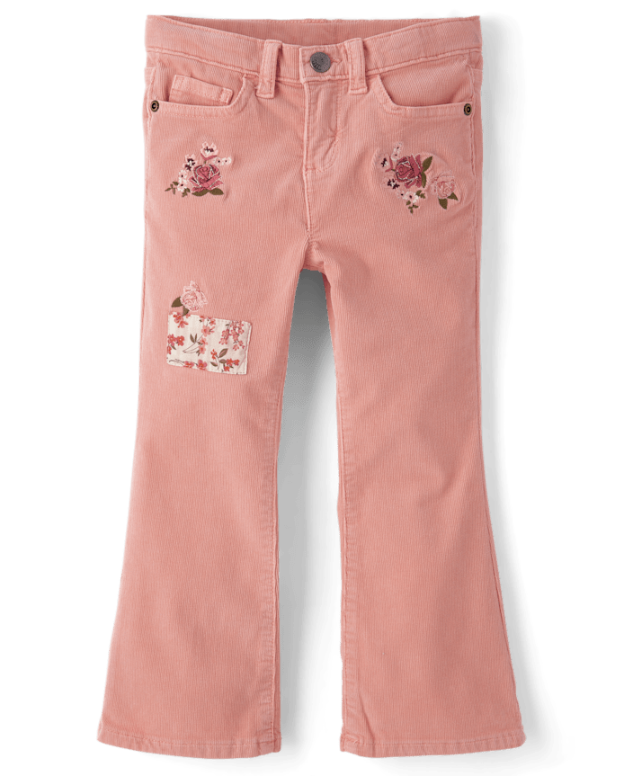 Pantalon évasé en velours côtelé à fleurs brodées pour filles - Highland Hills