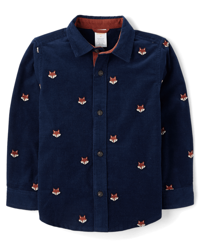 Boys Embroidered Fox Corduroy Button Up Shirt - Highland Hills