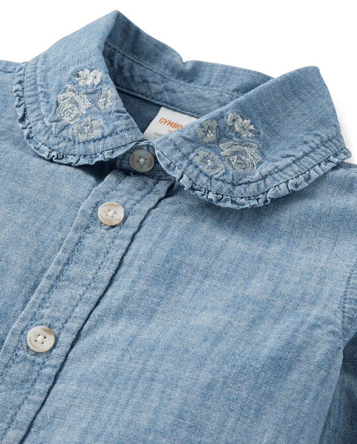 Girls Embroidered Floral Chambray Button Up Shirt - Fall Celebrations