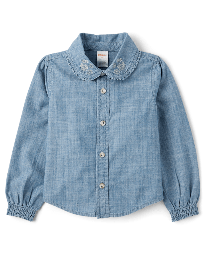 Girls Embroidered Floral Chambray Button Up Shirt - Fall Celebrations
