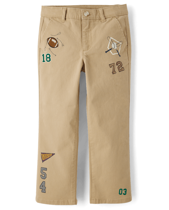 Kids Embroidered Varsity Relaxed Chino Pants - Campus Cuties