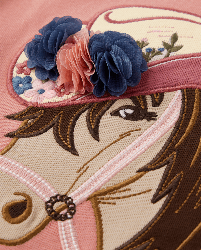 Girls Embroidered Horse Puff Sleeve Top - Highland Hills